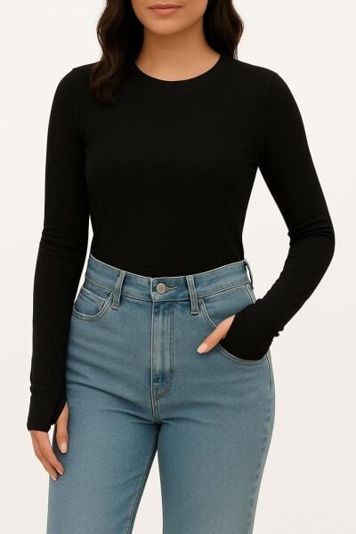 Yumuşak Modal Dokulu Pamuk Dokuma Uzun Kol Parmak Geçmeli Bisiklet Yaka Body – Basic Bluz