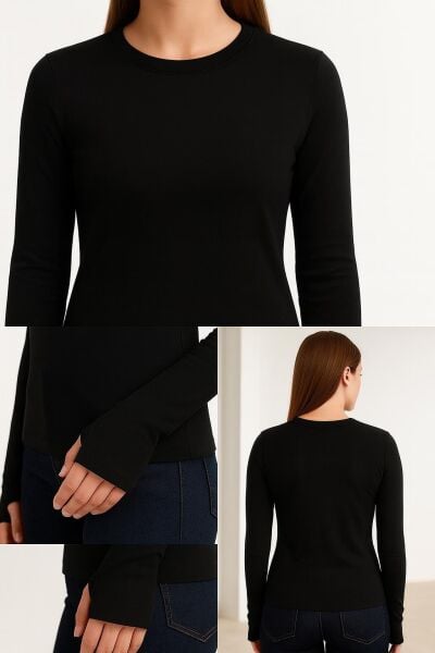 Yumuşak Modal Dokulu Pamuk Dokuma Uzun Kol Parmak Geçmeli Bisiklet Yaka Body – Basic Bluz