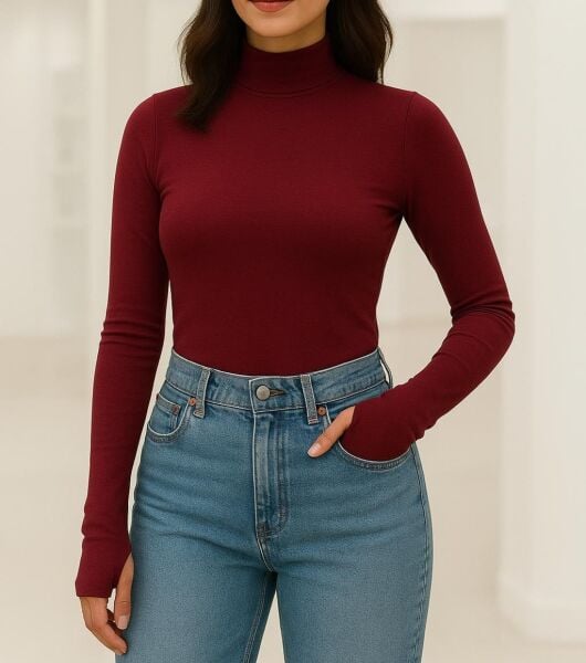 Yumuşak Modal Dokulu Pamuk Dokuma Uzun Kol Parmak Geçmeli Dik Yaka Body – Basic Bluz