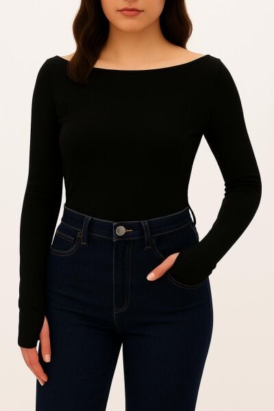 Yumuşak Modal Dokulu Pamuk Dokuma Uzun Kol Parmak Geçmeli Kayık Yaka Body – Basic Bluz