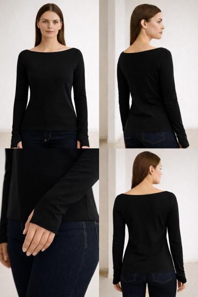 Yumuşak Modal Dokulu Pamuk Dokuma Uzun Kol Parmak Geçmeli Kayık Yaka Body – Basic Bluz