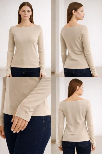 Yumuşak Modal Dokulu Pamuk Dokuma Uzun Kol Parmak Geçmeli Kayık Yaka Body – Basic Bluz