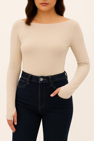 Yumuşak Modal Dokulu Pamuk Dokuma Uzun Kol Parmak Geçmeli Kayık Yaka Body – Basic Bluz