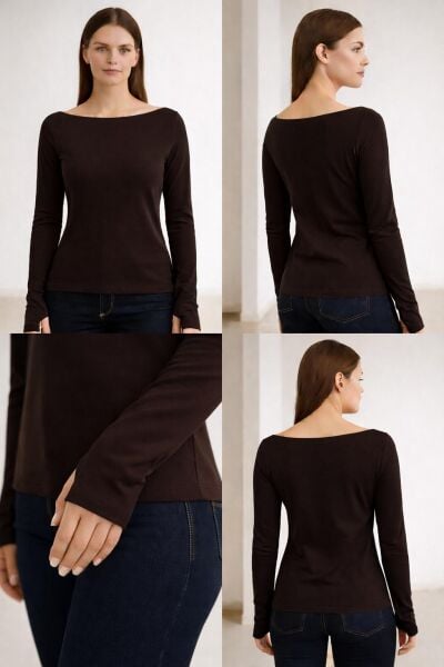 Yumuşak Modal Dokulu Pamuk Dokuma Uzun Kol Parmak Geçmeli Kayık Yaka Body – Basic Bluz