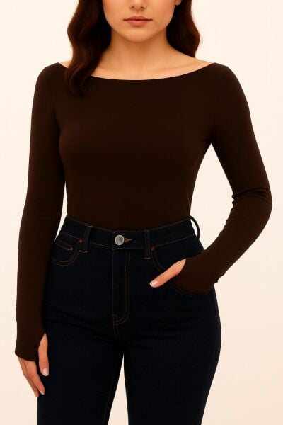 Yumuşak Modal Dokulu Pamuk Dokuma Uzun Kol Parmak Geçmeli Kayık Yaka Body – Basic Bluz