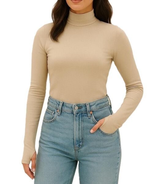 Yumuşak Modal Dokulu Pamuk Dokuma Uzun Kol Parmak Geçmeli Dik Yaka Body – Basic Bluz