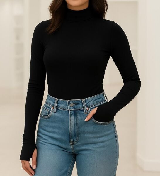 Yumuşak Modal Dokulu Pamuk Dokuma Uzun Kol Parmak Geçmeli Dik Yaka Body – Basic Bluz