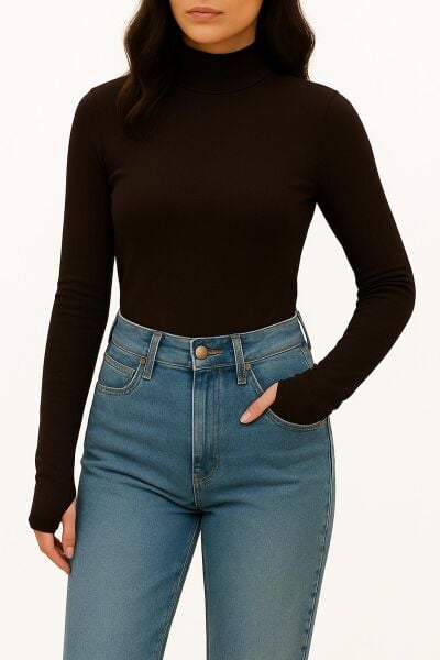 Yumuşak Modal Dokulu Pamuk Dokuma Uzun Kol Parmak Geçmeli Dik Yaka Body – Basic Bluz