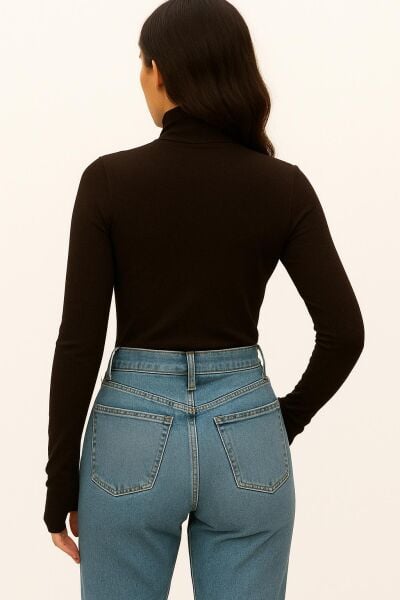 Yumuşak Modal Dokulu Pamuk Dokuma Uzun Kol Parmak Geçmeli Dik Yaka Body – Basic Bluz