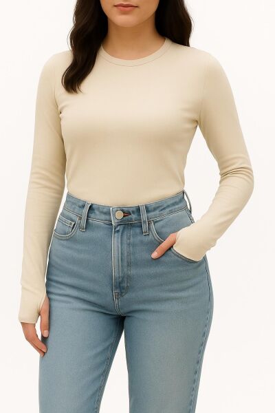 Yumuşak Modal Dokulu Pamuk Dokuma Uzun Kol Parmak Geçmeli Bisiklet Yaka Body – Basic Bluz