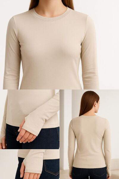 Yumuşak Modal Dokulu Pamuk Dokuma Uzun Kol Parmak Geçmeli Bisiklet Yaka Body – Basic Bluz
