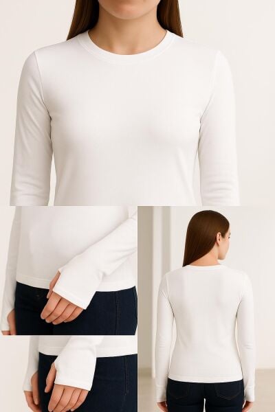 Yumuşak Modal Dokulu Pamuk Dokuma Uzun Kol Parmak Geçmeli Bisiklet Yaka Body – Basic Bluz