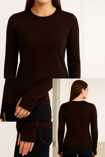 Yumuşak Modal Dokulu Pamuk Dokuma Uzun Kol Parmak Geçmeli Bisiklet Yaka Body – Basic Bluz