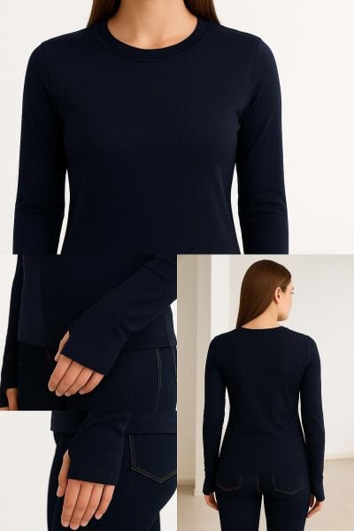 Yumuşak Modal Dokulu Pamuk Dokuma Uzun Kol Parmak Geçmeli Bisiklet Yaka Body – Basic Bluz