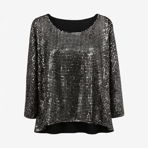 Gümüş Payetli Büyük Beden Abiye Bluz – Işıltılı Rahat Kesim Şık Üst | Limited Edition | Özel Dikim