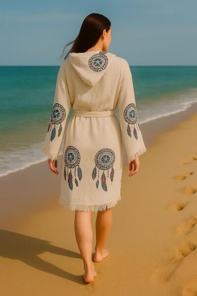 Plaj Giyim Pamuk Müslin Bornoz Kimono - Renkli Rüya