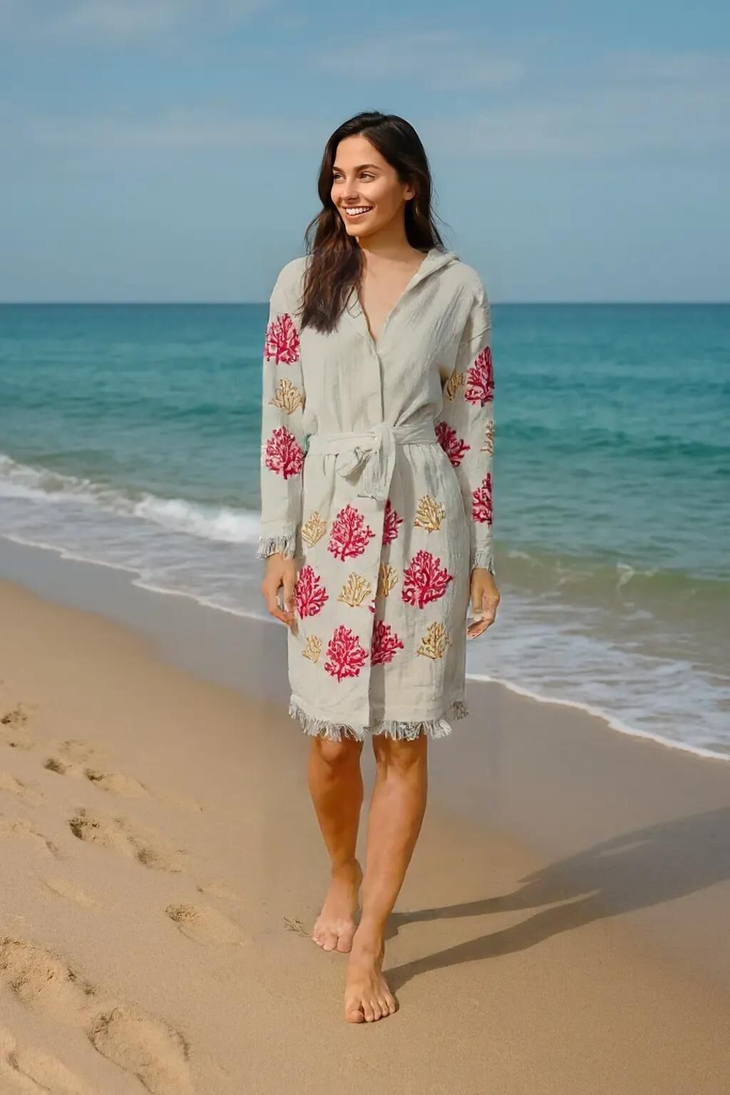 Plaj Giyim Pamuk Müslin Bornoz Kimono - Kırmızı Mercan