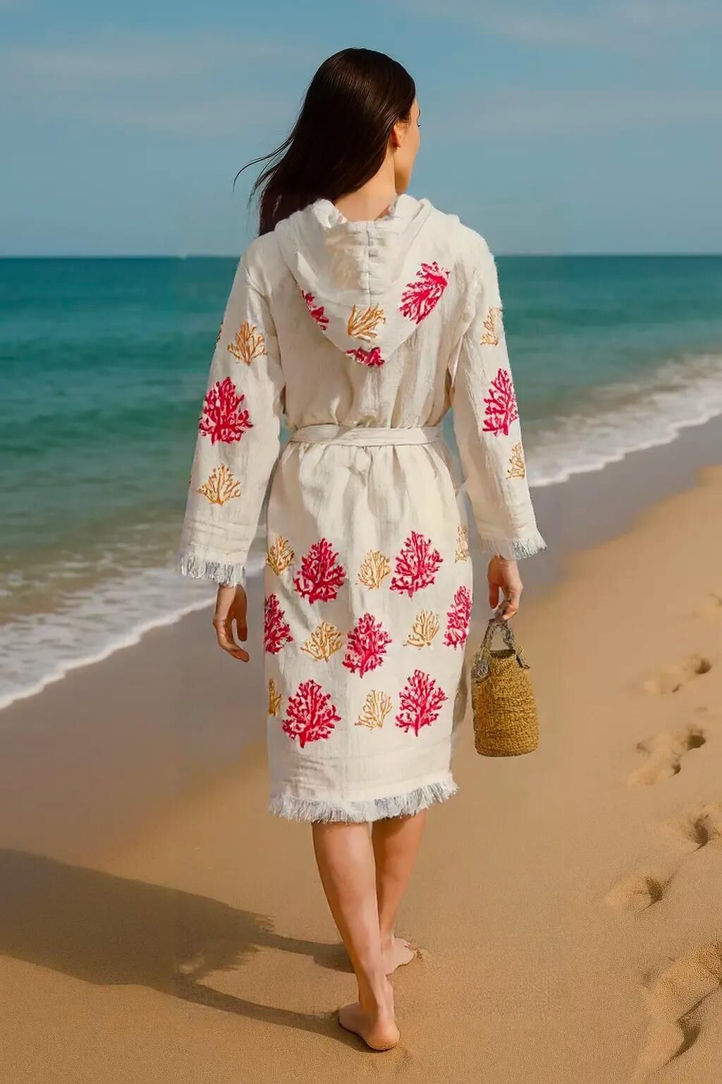 Plaj Giyim Pamuk Müslin Bornoz Kimono - Kırmızı Mercan