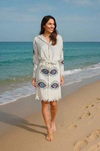 Plaj Giyim Pamuk Müslin Bornoz Kimono - Nazar