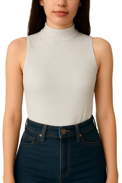 Yumuşak Modal Dokulu Pamuk Dokuma Dik Yaka Kolsuz Kadın Basic Body