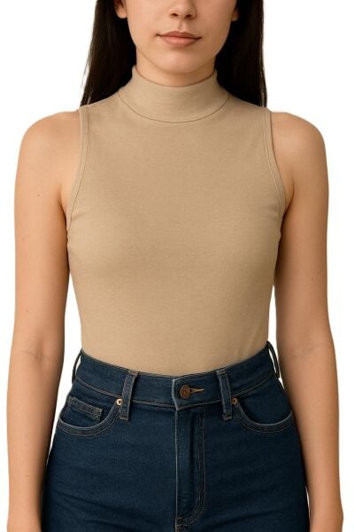 Yumuşak Modal Dokulu Pamuk Dokuma Dik Yaka Kolsuz Kadın Basic Body