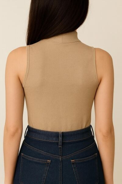 Yumuşak Modal Dokulu Pamuk Dokuma Dik Yaka Kolsuz Kadın Basic Body