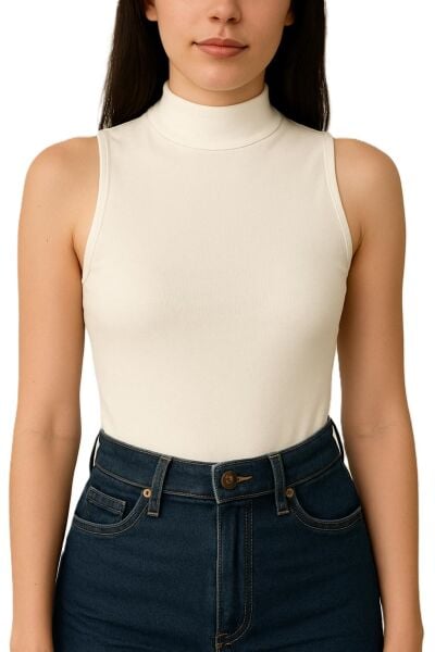 Yumuşak Modal Dokulu Pamuk Dokuma Dik Yaka Kolsuz Kadın Basic Body