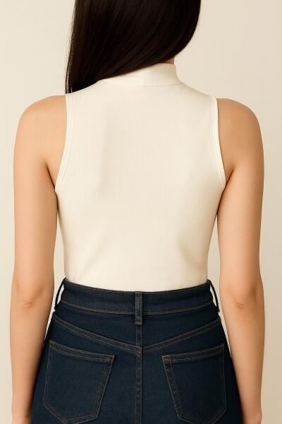 Yumuşak Modal Dokulu Pamuk Dokuma Dik Yaka Kolsuz Kadın Basic Body