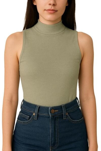 Yumuşak Modal Dokulu Pamuk Dokuma Dik Yaka Kolsuz Kadın Basic Body