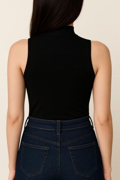 Yumuşak Modal Dokulu Pamuk Dokuma Dik Yaka Kolsuz Kadın Basic Body