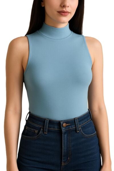 Yumuşak Modal Dokulu Pamuk Dokuma Dik Yaka Kolsuz Kadın Basic Body