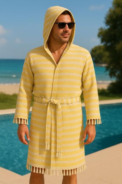 Özel Üretim Kapüşonlu Pamuk Dokuma Unisex Bornoz Peştemal