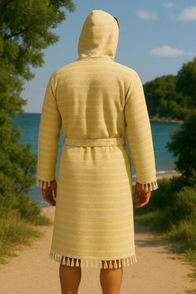 Özel Üretim Kapüşonlu Pamuk Dokuma Unisex Bornoz Peştemal