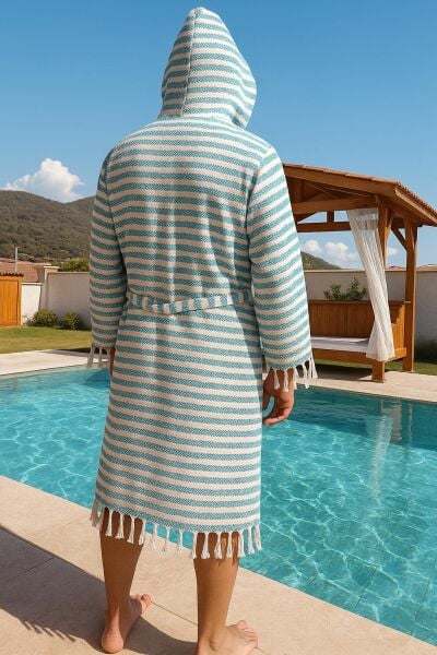 Özel Üretim Kapüşonlu Pamuk Dokuma Unisex Bornoz Peştemal