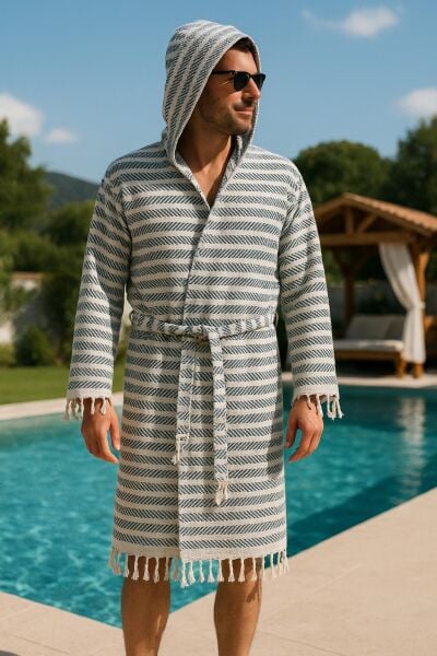 Özel Üretim Kapüşonlu Pamuk Dokuma Unisex Bornoz Peştemal
