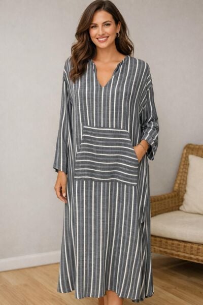 %100 Viskon Kumaş Kanguru Cepli V Yaka Uzun Yırtmaçlı Elbise