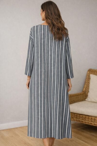 %100 Viskon Kumaş Kanguru Cepli V Yaka Uzun Yırtmaçlı Elbise